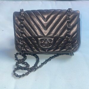 Loved black Chanel chain shoulder bag. Good condition. Black chain metal